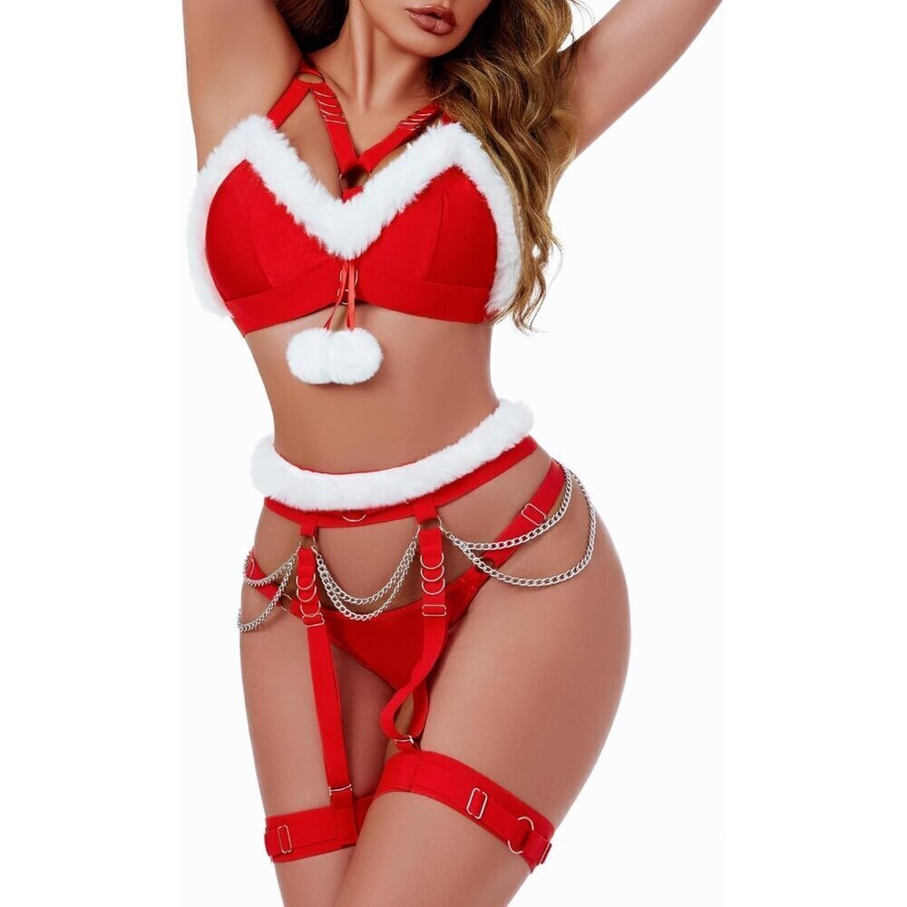 Women A-red Naughty 5 Piecs Lace Garter Belt Bodydoll Lingerie Set With Chain
